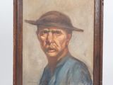 a painting of a man wearing a hat and a blue shirt