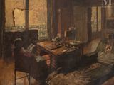 un tableau représentant un salon avec un canapé et une table