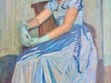 a painting of a woman in a blue dress sitting on a chair