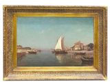 une peinture à l'huile représentant un voilier dans un port, avec des bâtiments en arrière-plan