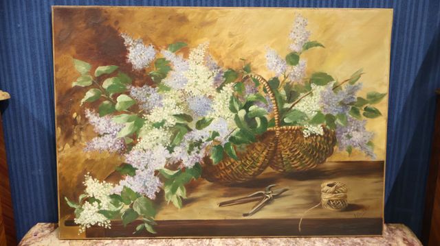 « Bouquet de lilas ». Huile sur toile. Porte une signature en bas...