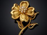 un gros plan d'une broche en forme de fleur dorée sur fond noir