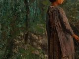 an oil painting of a woman standing in a field with a cow