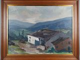 an oil painting of a farm scene with a barn and mountains in the background