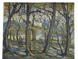 une peinture à l'huile représentant un paysage boisé avec des arbres et une rivière