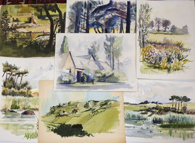 many different pictures of watercolor paintings on a table