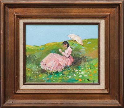 an oil painting of a woman in a pink dress sitting in a field holding an umbrella