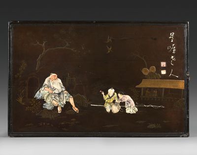 peinture orientale représentant deux hommes et un chien dans un étang