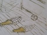 drawing of a person ' s feet on the floor next to a laptop computer