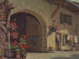 a painting of a building with a bunch of flowers in front of it