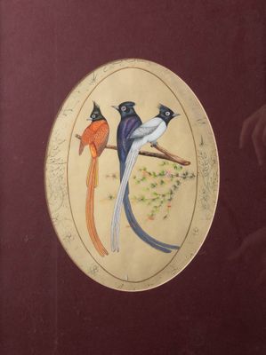trois oiseaux perchés sur une branche, représentés sur une assiette