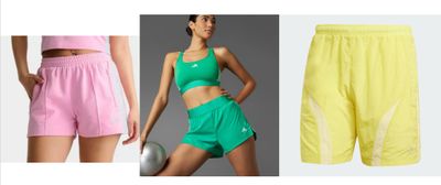 three women ' s tennis shorts are shown in three different colors