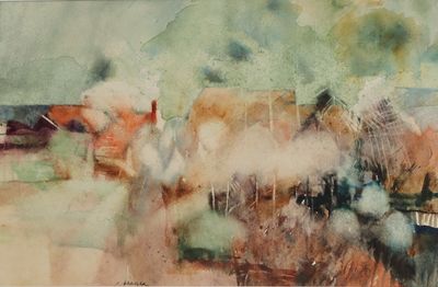 une aquarelle représentant un train qui arrive sur les rails