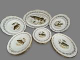 six plates with fish and flowers on them on a gray surface