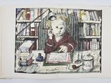 a drawing of a child sitting at a desk in a library