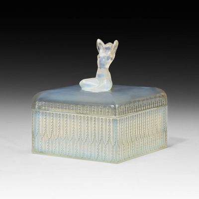 a small glass box with a cat sitting on top of it