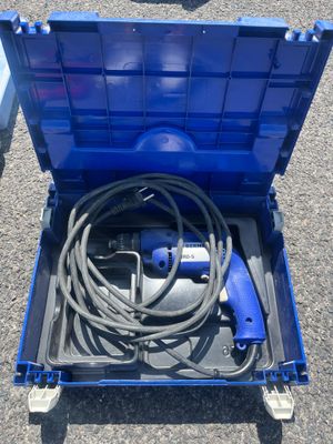 a blue tool box with a hose in it