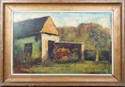 une peinture à l'huile représentant une grange dans un champ, avec une clôture
