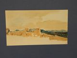 an image of a painting of a desert scene with a house in the distance