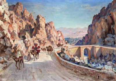 un tableau représentant un groupe de personnes descendant une route de montagne à dos de chameau
