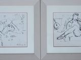 deux dessins encadrés représentant un homme et une femme jouant au football
