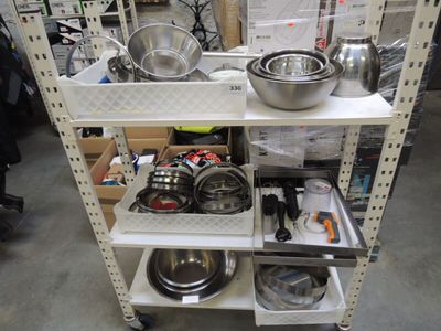 many bowls and pans on the shelves in the store