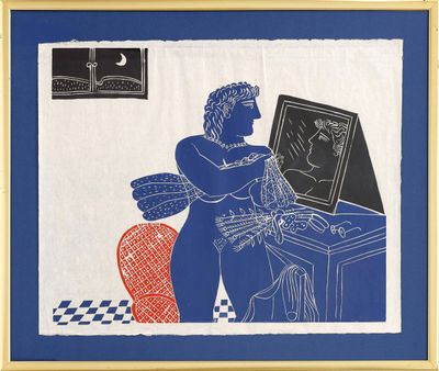 an image of a blue and white drawing of a woman at a desk