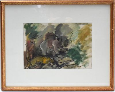 framed watercolor painting of a man on a horse in a wooded area