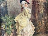 an image of a painting of a woman in a yellow dress and hat
