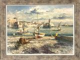 une peinture représentant une scène portuaire avec des bateaux dans l'eau