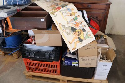 a pile of boxes and boxes on a pallet in a room