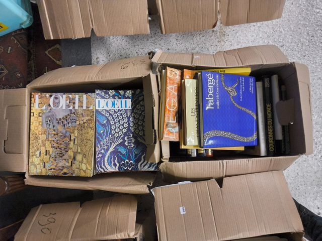 Lot de cartons dont livres sur la peinture, argus, revue l’œil.