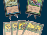 several cards are displayed on a stand with a blue background