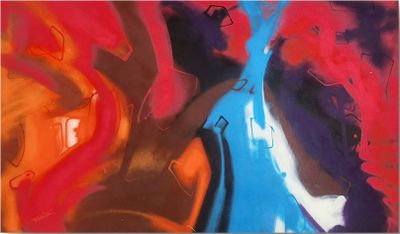 abstract painting of a man and a woman with their hands in the air