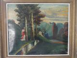 tableau représentant un paysage avec un homme et une femme assis sur un banc au bord d'un lac