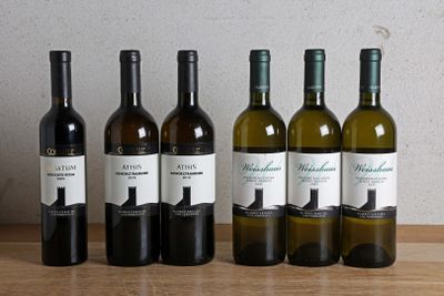 six bouteilles de vin sont alignées sur une table