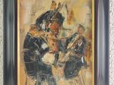 an oil painting of a group of men playing instruments in a room