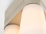 the light fixture is made of metal and has a white glass shade