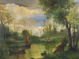 une peinture d'une rivière avec des bateaux