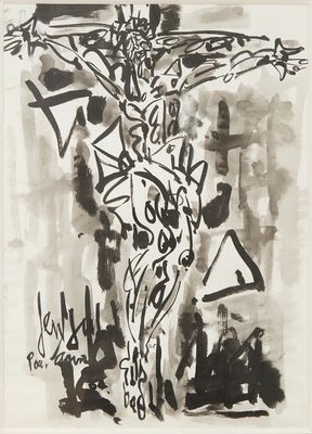 l'image d'un dessin représentant un homme sur une croix, sur une feuille de papier