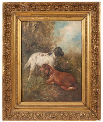 une peinture à l'huile représentant un chien et un autre chien couché dans un champ