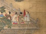 a painting of a group of people sitting on a bridge