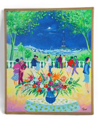 tableau représentant un groupe de personnes debout autour d'une table sur laquelle se trouve un vase de fleurs