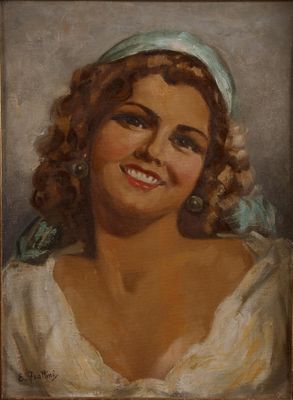 tableau représentant une femme souriante vêtue d'une robe blanche et d'un bandeau bleu