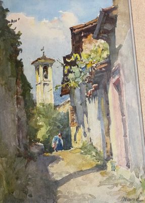a picture of a painting of a person walking down a street