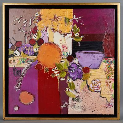 painting of a vase of flowers and fruit on a table