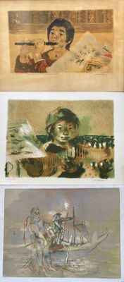 four different pictures of a woman in a boat and a man in a boat