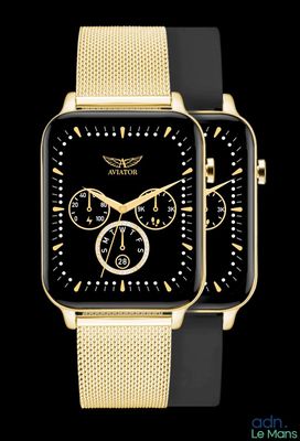 an image of two gold and black watches on a black background