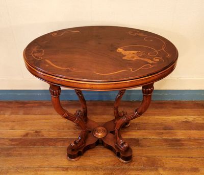 GUERIDON ovale, en bois naturel et bois de placage, à platea… - Photo 1