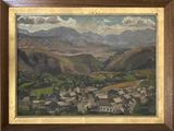 une peinture à l'huile représentant une vue d'un village de montagne